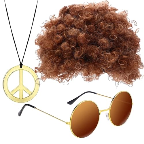 Hippie-Kostümset, Schnurrbart Und Peace-Zeichen-Halskette, Afro-Perücke, Sonnenbrille, Funky Afro-Perücke, Disco-Hippie-Kostüm, 70er/80er-Hippie-Kostüm, Hippie-Kostümzubehör von Misaakoeq