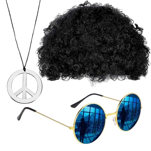 Hippie-Kostümset, Schnurrbart Und Peace-Zeichen-Halskette, Afro-Perücke, Sonnenbrille, Funky Afro-Perücke, Disco-Hippie-Kostüm, 70er/80er-Hippie-Kostüm, Hippie-Kostümzubehör von Misaakoeq