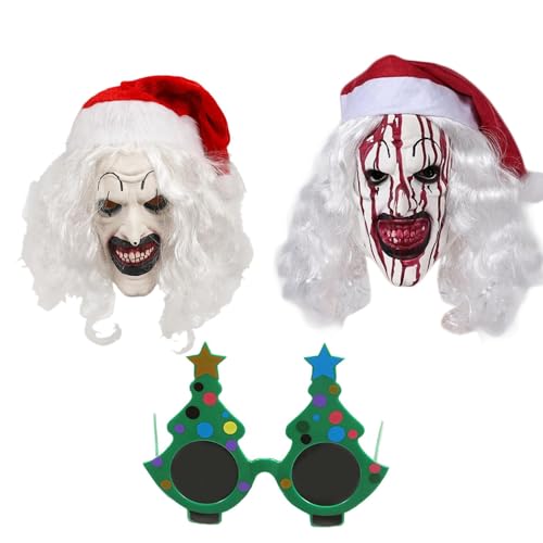 Misaakoeq Cosplay-Weihnachtsmaske, 2 Stück, Kunst-Weihnachtsbrille für Erwachsene, Terrifier Maske, Gesichtsbedeckung Terror mit Brille, Weihnachtskostüm-Requisite, Kopfbedeckung, Kostüm-Requisiten von Misaakoeq