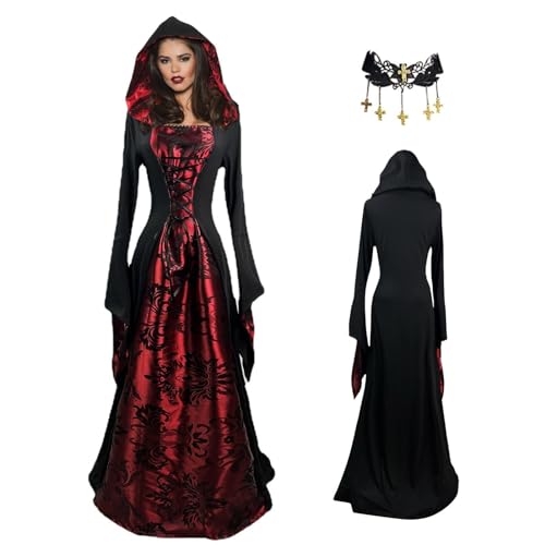 Misaakoeq Gothic-Kapuzenkleid für Damen, Kapuzenrobe Renaissance Halloween Cosplay Kostüm, Mittelalterliches Umhangkleid mit Kapuze, Halloween-Hexe-Kostüm von Misaakoeq