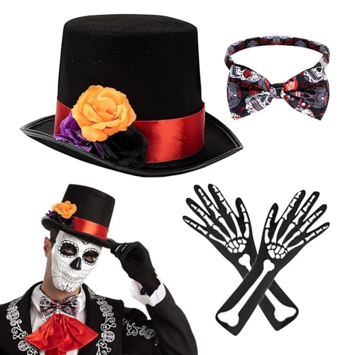 Misaakoeq Halloween-Zubehör-Set für Herren, Skelett-Kostüm für Herren, Zubehör für den Tag der Toten, 3 Stück, Halloween-Hüte mit Rosen-Design für Männer, Kostüme von Misaakoeq