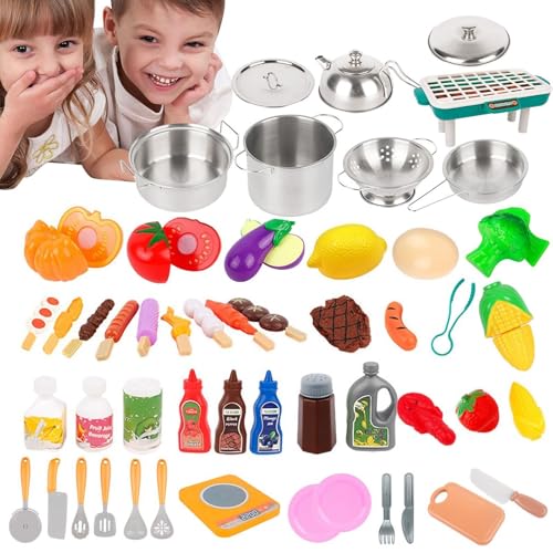 Misaakoeq Pretend Cooking Playset, Kinderküchenspielzeugzubehör | 53-teiliges Küchenspielzeug für Kleinkinder | Kinder-Töpfe und Pfannen-Set mit Spielnahrung, Kleinkind-Kochset, Dessert-Spielset für von Misaakoeq