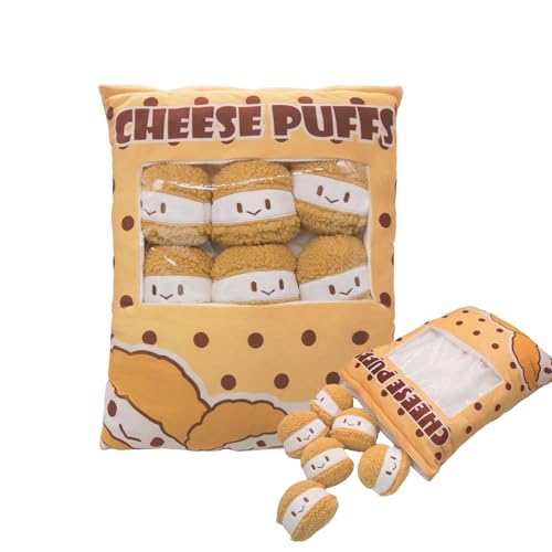 Mislaxy Snackbeutel Kissen Cheese Puffs Gefülltes Kissen Plüsch Puff-Kissen Süßes Snackkissen Abnehmbar Lustiges Snack Weiches Kissen mit 6 Puffs Kuscheltier von Mislaxy