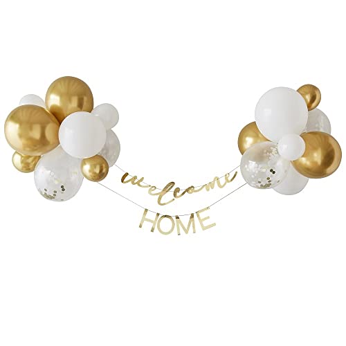 Girlanden-Set Ballon-Girlande WELCOME HOME / WILLKOMMEN ZU HAUSE Banner Willkommens-Party Familien-Party Zuhause Baby-Deko Set Girlande in gold & weiß + 26 Luft-Ballons von Miss Lovely