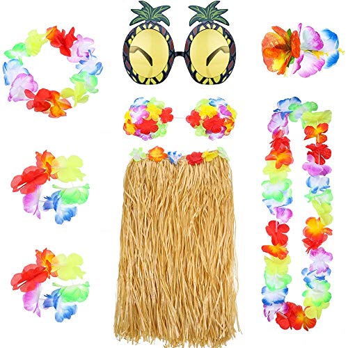 Hawaii Set,Hawaiian Hula Grass Rock Set 8 Stück Hawaii Mottoparty Kostüme mit Halskette Armbänder Stirnband Blume BH Haarspange und Ananas Sonnenbrille für Mädchen Frauen Hawaiian Luau Beach Party von Miss-shop