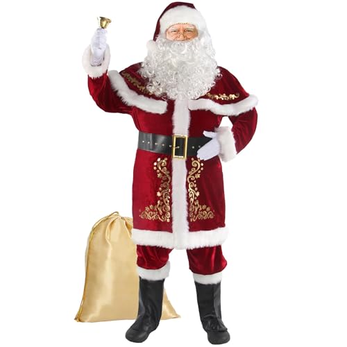 MissFox Weihnachtsmann Kostüm für Herren – 12-teiliges Nikolaus Kostüm Deluxe mit Mütze, Bart, Gürtel & Umhang – Santa Claus Kostüm für Weihnachtsfeier, Cosplay & Karneval von MissFox