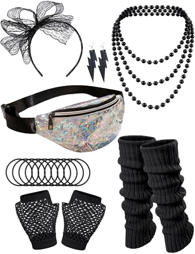 80er Jahre Kostüm Zubehör Tasche Stirnband Errings Fischnetz Handschuhe Halskette Armband Beinwärmer Party Outfit Set, Schwarz, Einheitsgröße von Missanabie