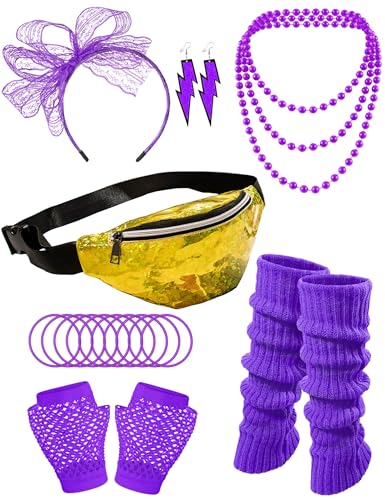 80er Jahre Kostüm Zubehör Tasche Stirnband Errings Fischnetz Handschuhe Halskette Armband Beinwärmer Party Outfit Set, Violett, Einheitsgröße von Missanabie