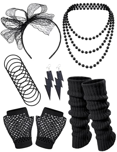 Missanabie 80er-Jahre-Kostüm-Zubehör, Stirnband, Fischnetz-Handschuhe, Halskette, Armband, Beinstulpen, Party-Outfit-Set (BK) von Missanabie