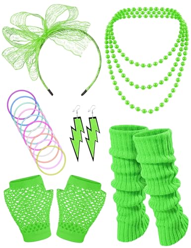 Missanabie 80er-Jahre-Kostüm-Zubehör, Stirnband, Fischnetz-Handschuhe, Halskette, Armband, Beinstulpen, Party-Outfit-Set (GN) von Missanabie