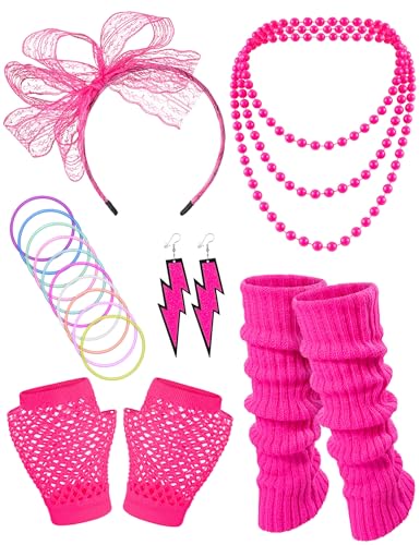 Missanabie 80er-Jahre-Kostüm-Zubehör, Stirnband, Fischnetz-Handschuhe, Halskette, Armband, Beinstulpen, Party-Outfit-Set (PK) von Missanabie