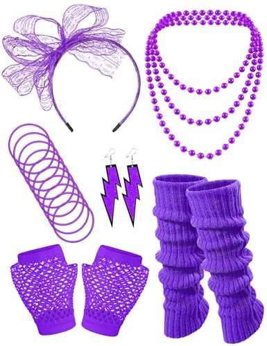 Missanabie 80er-Jahre-Kostüm-Zubehör, Stirnband, Fischnetz-Handschuhe, Halskette, Armband, Beinstulpen, Party-Outfit-Set (PU) von Missanabie