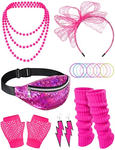 Missanabie 80er-Jahre-Kostüm-Zubehör, Tasche, Stirnband, Fehler, Fischnetz-Handschuhe, Halskette, Armband, Beinstulpen, Party-Outfit-Set (PK) von Missanabie