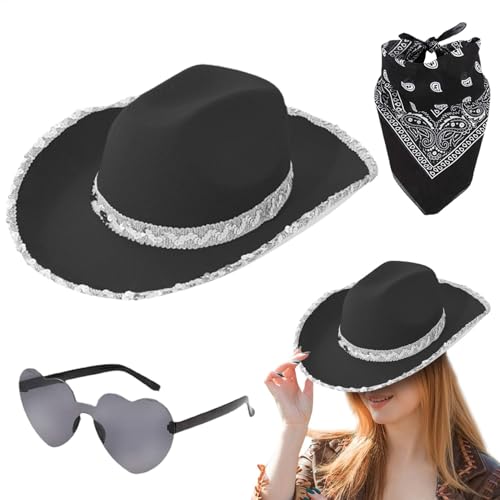 Cowboy Hut Damen Partybrille Accessoires Cowgirl Hut Filz Cowboyhut Mit Bandana Cowgirl Kostüm Set Mit Partybrille Bandana West Hut Kostümzubehör Damen Cowboyhut Halloween Karneval Kostüm Zubehör von Missmisq