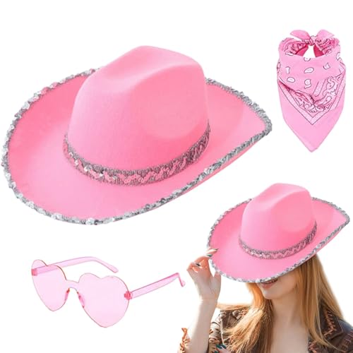 Cowboy Hut Damen Partybrille Accessoires Cowgirl Hut Filz Cowboyhut Mit Bandana Cowgirl Kostüm Set Mit Partybrille Bandana West Hut Kostümzubehör Damen Cowboyhut Halloween Karneval Kostüm Zubehör von Missmisq