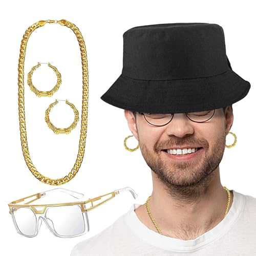 Missmisq 80er-Jahre-Accessoires für Damen, Hip-Hop-Schmuck für Herren - 80er-Jahre-Accessoires 90er-Motto- -Outfits,Hip-Hop-Partydekorationen, gefälschte Goldkette, Goldgräberkostüm für von Missmisq