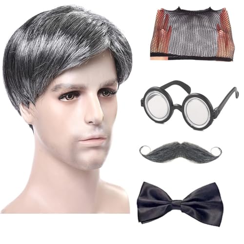 Missmisq Alter Mann Kostüm,Alter Mann Kostüm Erwachsene, Alter Mann Perücke Opa Cosplay Requisiten - Komplettes Opa-Kostümzubehör-Set, lustige und realistische Partygeschenke für Cosplay, Karneval von Missmisq