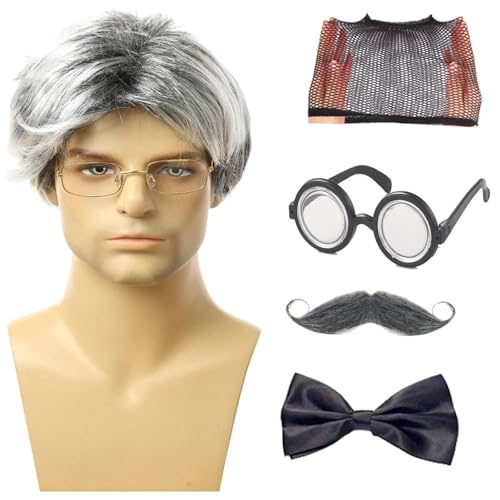 Missmisq Alter Mann Kostüm,Alter Mann Kostüm Erwachsene, Alter Mann Perücke & Opa Cosplay Requisiten - Opa-Zubehör-Set, Alter Mann-Kostüm, Opa-Set, lustige Cosplay-Requisiten für Karneval, von Missmisq