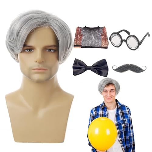 Missmisq Alter Mann Kostüm für Erwachsene,Halloween Alter Mann Kostüm, 5-teiliges Opa-Kostümzubehör, Alte Mann-Perücke, realistische Partygeschenke, lustige Cosplay-Requisiten für Cosplay, von Missmisq