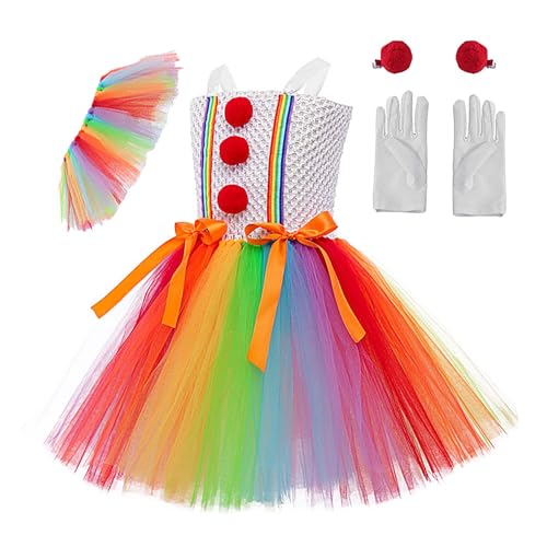 Missmisq Clown-Kostüm, Clown-Kleid | Fancy Dress Up Clown-Kostüm - Regenbogen-Tutu-Kleid, Prinzessinnen-Kleid-Set mit Handschuhen und Haarnadeln, Mädchen-Cosplay-Outfit für Halloween von Missmisq