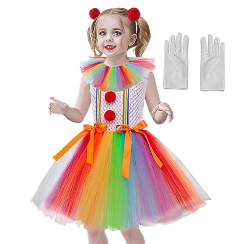 Missmisq Clown-Kostüm für Mädchen, Mädchen-Clown-Kostüm | Lebendiges Clownkostüm für Kinder - Regenbogen-Tutu-Kleid, Prinzessinnen-Kleid-Set mit Handschuhen und Haarnadeln, Mädchen-Cosplay-Outfit für von Missmisq