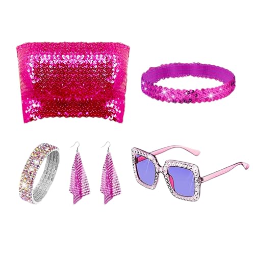 Missmisq Disco-Accessoires für Damen, Disco-Accessoires der 70er Jahre | Pailletten Vintage Y2K Accessoires,5-teiliges glitzerndes Kostümzubehör für Festivals, Feiern, Bühne von Missmisq