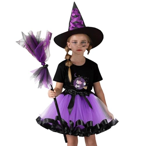 Missmisq Hexenkostüm Kinder Halloween Zauberer Kostüm Mädchen Hexenkostüm Mit Hexenhut Und Besen Zauberer Verkleiden Cosplay Kostüm Set Karneval Fasching Bekleidung Halloween Party Hexenkleid von Missmisq