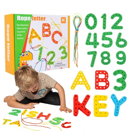 Missmisq Holzschnürspielzeug Alphabet, Schnürspiel für Kinder | Alphabet-Perlen zum Schnüren, Spielzeug für Feinmotorik | Fantasiefördernde Spiele für Vorschule, Homeschool-Zubehör, frühe von Missmisq