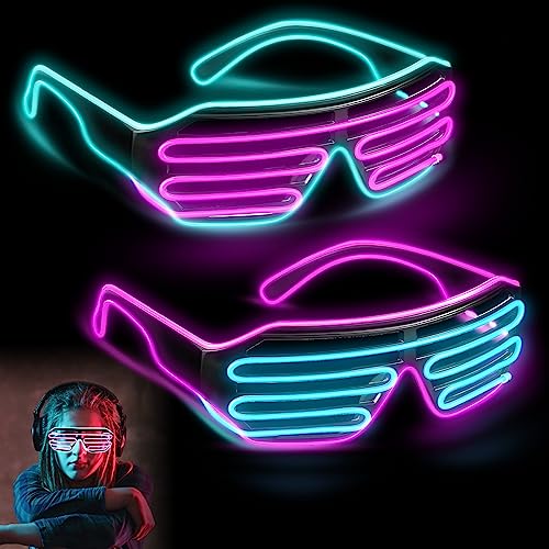 LED Brille Party, Neon Rave Glasses, 2 Stücks LED Glasses, Partybrille Leuchten Mit 4 Blitzmodi, Partybrille Im Shutter-Stil - Mit El-Kabel Für Cosplay, Club, Halloween, Rave Party (Fächer und Blau) von Mitening