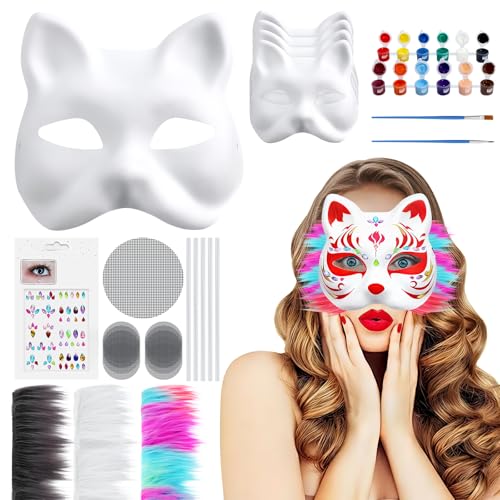 Mittimiya 5 Stücke Katzenmaske mit Fell-Augennetzen und Edelsteinaufklebern, DIY-Therian-Masken-Set, leere Maske zum Bemalen von Halloween-Tier-Halbmasken für Maskerade, Cosplay, Party-Interaktion von Mittimiya