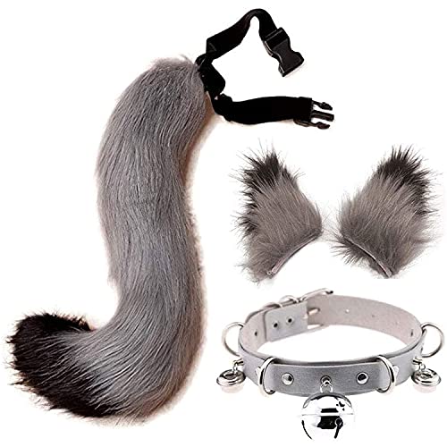 Schwanz und Ohren Set, langer Fuchsschwanz Cosplay Faux Furry Fox Wolf Tail Kit mit Ohren und Glockenkragen für Kinder, Mädchen, Jungen, Teens, Frauen, Party (Grau & Schwarz) von Miuboee