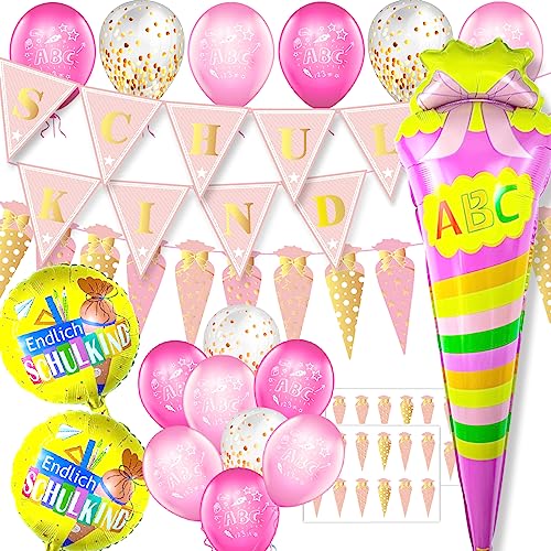 Einschulung Deko Set für Mädchen, Schuleinführung Schulanfang Luftballon Set mit ABC 123 Zuckertüte Motiv, Rosa Golden Schulkind Wimpel Girlande, Zuckertüten Banner, Schultüte Konfetti, 3 Folienballon von Miuezuth