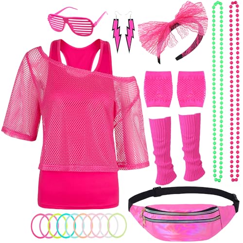 80er 90er Jahre Outfit Damen Neon 80 Jahre Outfit Party mit Netzshirt, Tank top, Bauchtasche, Beinwärmer, Stirnband, Ohrring Halskette 80er 90er Jahre Kostüm Zubehör Set für Karneval Mottoparty 029XL von Miulruma