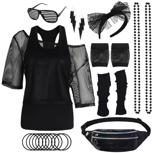 80er 90er Jahre Outfit Damen Neon 80 Jahre Outfit Party mit Netzshirt, Tank top, Bauchtasche, Beinwärmer, Stirnband, Ohrring Halskette 80er 90er Jahre Kostüm Zubehör Set für Karneval Mottoparty 031XL von Miulruma