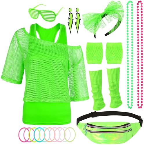 80er 90er Jahre Outfit Damen Neon 80 Jahre Outfit Party mit Netzshirt, Tank top, Bauchtasche, Beinwärmer, Stirnband, Ohrring Halskette 80er 90er Jahre Kostüm Zubehör Set für Karneval Mottoparty 030L von Miulruma