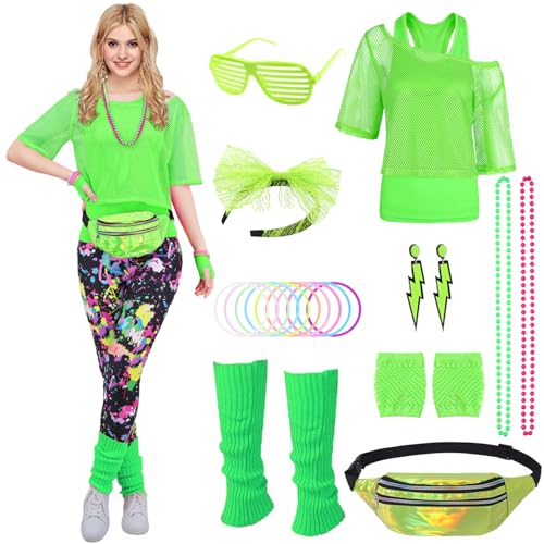 80er 90er Jahre Outfit Damen Neon 80 Jahre Outfit Party mit Netzshirt, Tank top, Bauchtasche, Beinwärmer, Stirnband, Ohrring Halskette 80er 90er Jahre Kostüm Zubehör Set für Karneval Mottoparty 030M von Miulruma