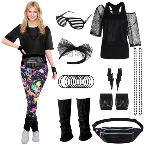 80er 90er Jahre Outfit Damen Neon 80 Jahre Outfit Party mit Netzshirt, Tank top, Bauchtasche, Beinwärmer, Stirnband, Ohrring Halskette 80er 90er Jahre Kostüm Zubehör Set für Karneval Mottoparty 031L von Miulruma