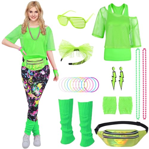 80er 90er Jahre Outfit Damen Neon 80 Jahre Outfit Party mit Netzshirt, Tank top, Bauchtasche, Beinwärmer, Stirnband, Ohrring Halskette 80er 90er Jahre Kostüm Zubehör Set für Karneval Mottoparty 030L 80er 90er Jahre Outfit Damen Neon 80 Jahre Outfit Party mit Netzshirt, Tank top, Bauchtasche, Beinwärmer, Stirnband, Ohrring Halskette 80er 90er Jahre Kostüm Zubehör Set für Karneval Mottoparty 030L von Miulruma
