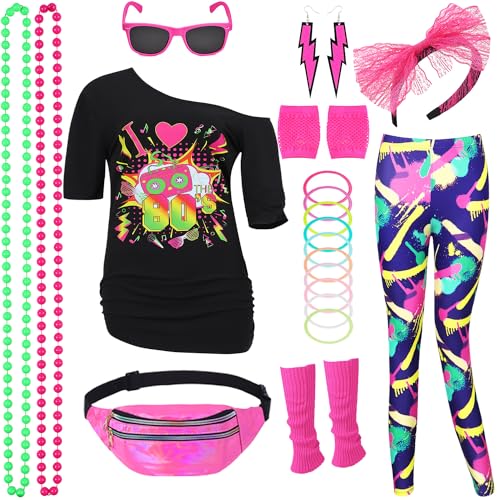 80er Jahre Damen Kostüm Set 80er Jahre Outfit T Shirt, 80er Artistic Leggings,Ohrring, Halskette,Bauchtasche Retro 80 Jahre Outfit Party Accessoires für Karneval Kleidung Fraun Mädchen 028XXL von Miulruma