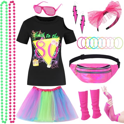 80er Jahre Outfit Mädchen 80er Jahre Accessoires Kinder Retro Neon Thema 80er Jahre Outfit Zubehör Set mit T-Shirt, Tutu, Bauchtasche, Stirnband, Ohrringe für Karneval Mottoparty Kleidung 032L von Miulruma