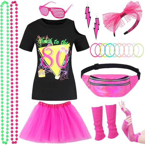 80er Jahre Outfit Mädchen 80er Jahre Accessoires Kinder Retro Neon Thema 80er Jahre Outfit Zubehör Set mit T-Shirt, Tutu, Bauchtasche, Stirnband, Ohrringe für Karneval Mottoparty Kleidung 033L von Miulruma