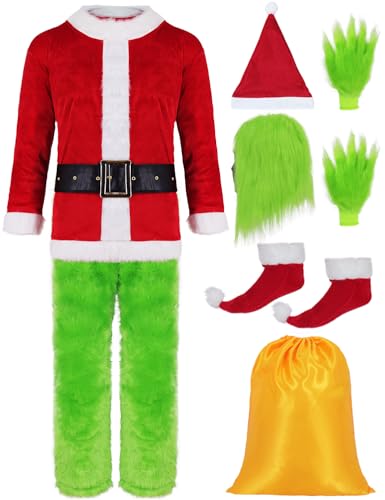 Grünes Monster Grinch Kostüm Erwachsene Herren Damen Santa Claus Anzug Outfit Weihnachtskostüm für Männer Pelziges Grünes Großes Monster für Weihnachten Halloween Fasching Urlaub Cosplay A037S von Miulruma