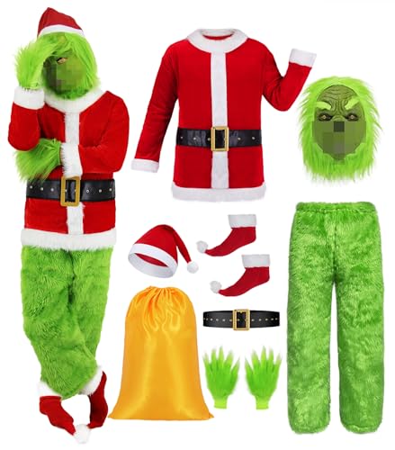 Grünes Monster Grinch Kostüm Erwachsene Herren Damen Santa Claus Anzug Outfit Weihnachtskostüm für Männer Pelziges Grünes Großes Monster für Weihnachten Halloween Fasching Urlaub Cosplay A037XXXL von Miulruma