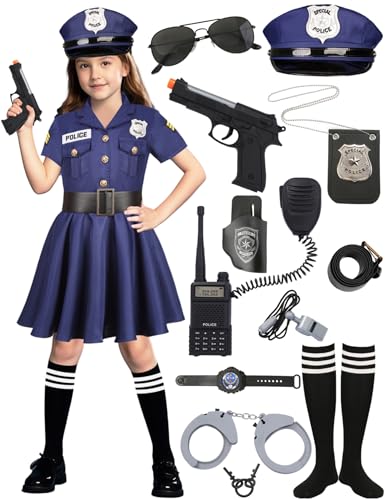 Kinder Polizei Kostüm Mädchen Polizistin Kostüm Set mit Polizei Kleid Zubehör Hut Karneval Faschingskostüme Kinder Geburtstag Cosplay Outfits Polizeikostüm Uniform mit Ausrüstung Dress up A048XXL von Miulruma