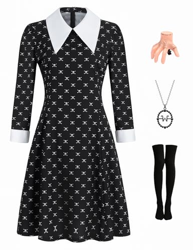 Mittwoch Kostüm Damen Karneval Kostüm Addams Familie Cosplay Outfit Erwachsene Gothic Schwarzes Kleid Schädelmuster mit Hand Haarnadel für Fasching Halloween Party A045L von Miulruma