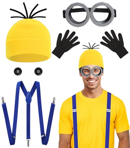 Miulruma 5pcs Set für minion Kostüm Erwachsene Kinder Herren Damen Karneval mit gelbem Hut Schwarze Handschuhe Brille Schultergurte Knöpfe A047 von Miulruma