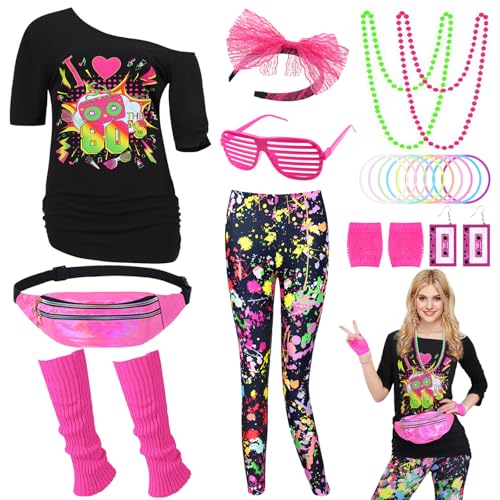 Miulruma 80er Jahre Damen Kostüm Set 80er 90er Jahre Outfit Party Accessoires für Karneval Fasching Kleidung Fraun Mädchen 036-3XL von Miulruma