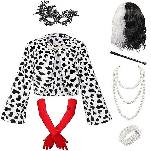 Miulruma Cruella Kostüm für Damen Deluxe Set Cruella Deville Perücke Jacke Handschuhe Cruella Holder Perlenkette für Halloween Mottoparty Karneval Kostüm für Frauen Mädchen A025L von Miulruma