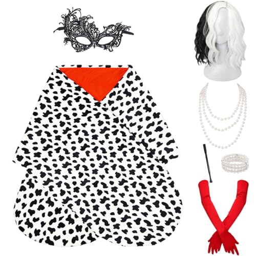 Miulruma Cruella Kostüm für Damen Deluxe Set Cruella Deville Schal Perücke Handschuhe Cruella Holder Perlenkette für Halloween Mottoparty Karneval Kostüm Accessoires für Frauen Mädchen A035 von Miulruma