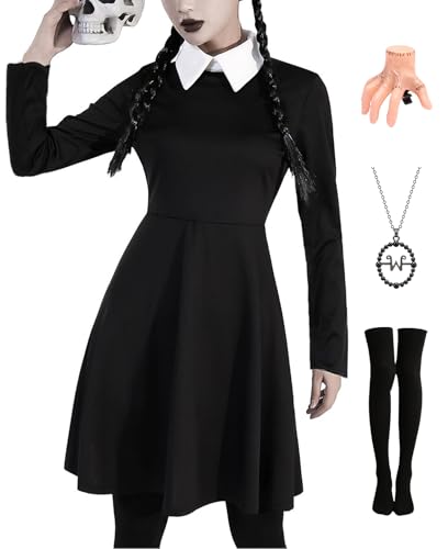 Mittwoch Kostüm Damen Schwarzes Gotisch Kleid Mittwoch Family Kostüm Erwachsene Karnevalskostüm Addams Cosplay Outfit mit Halskette Haarnadel Strümpfe für Fasching Halloween A006-S von Miulruma